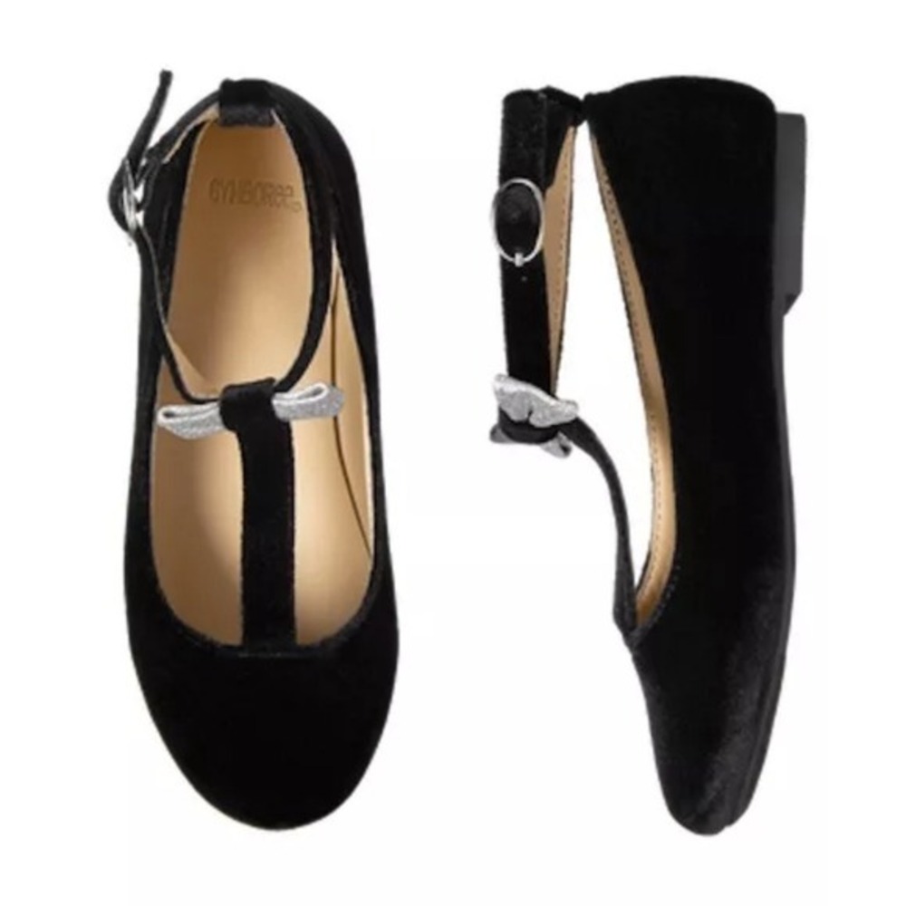 Gymboree Mary Jane Flats Girls 13 Black Good Velvet Silver Glitter Bow T-Strap
